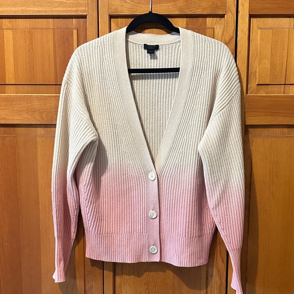 J Crew Ribbed Cashmere Cardigan Sweater Pink Ombré